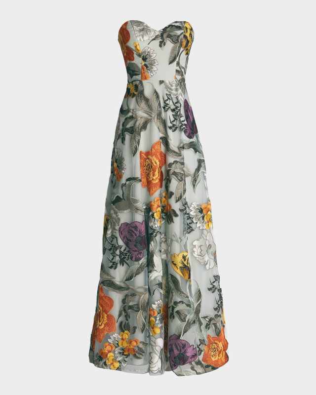 Destinee Strapless Floral-Embroidered Gown